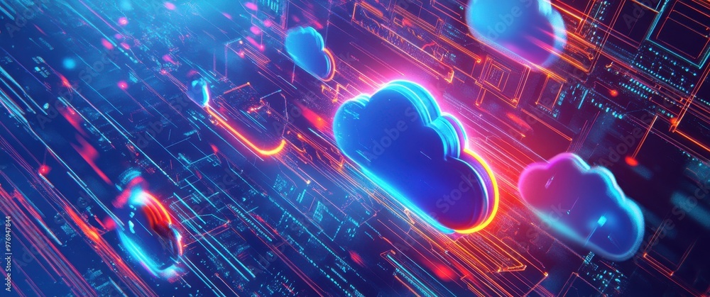 Poster a colorful image of four clouds with a city in the background. the image has a futuristic and techno