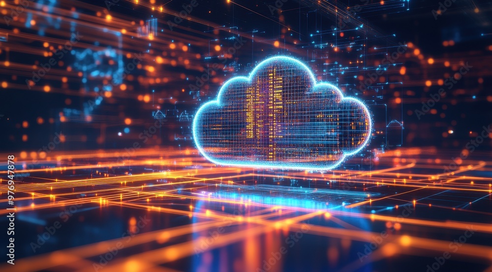 Poster a computer generated image of a cloud with a bright orange background. the image has a futuristic an