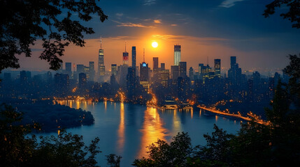 A panoramic sunrise over a cityscape, framed by trees and a river reflecting the golden light.