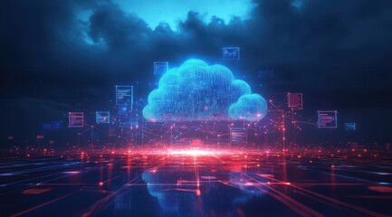 Fototapeta premium A computer cloud with many icons on it. The cloud is blue and red. The icons are in different colors and shapes. The image has a futuristic and technological feel to it