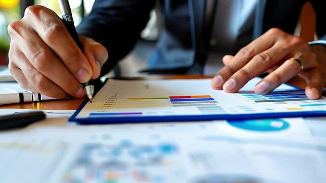A close-up of hands working on a strategic plan, with documents, charts, and a laptop on the table, in a professional office setting ,magazine photography, Canon EOS R5, color