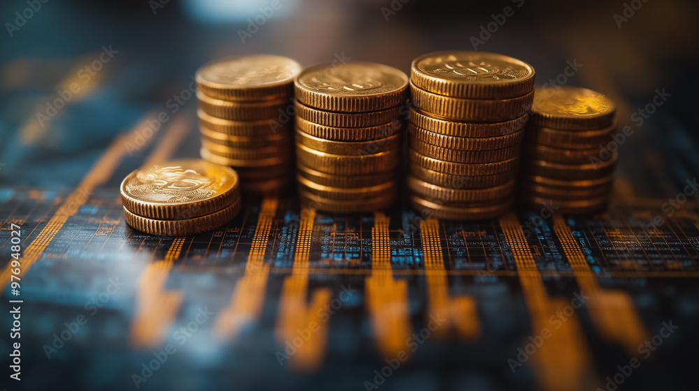 Aufkleber a pile of gold coins on a table with a graph in the background. the coins are stacked on top of each