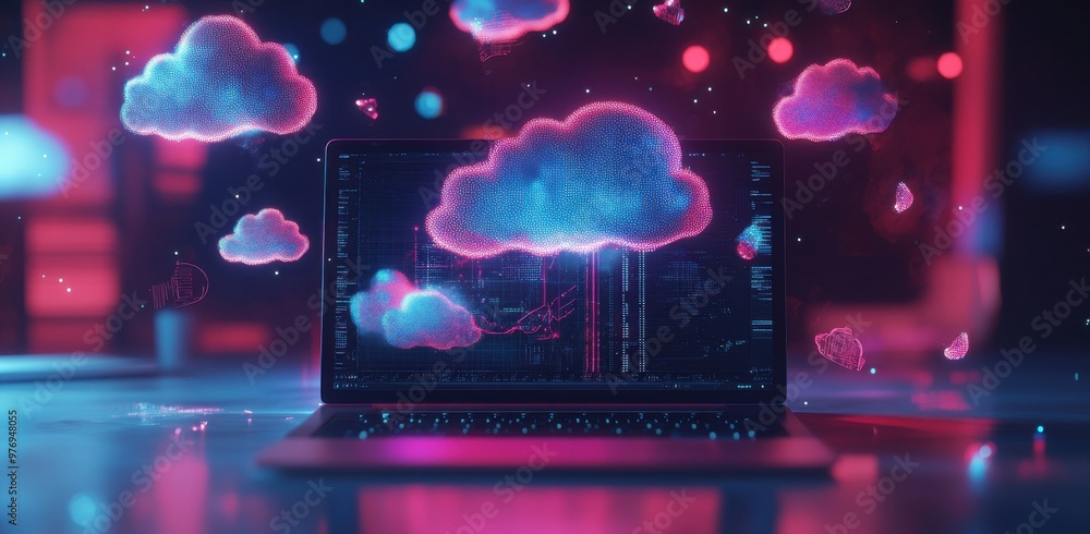 Poster a laptop screen shows a colorful cloud with a tree in the middle. the image has a futuristic and tec