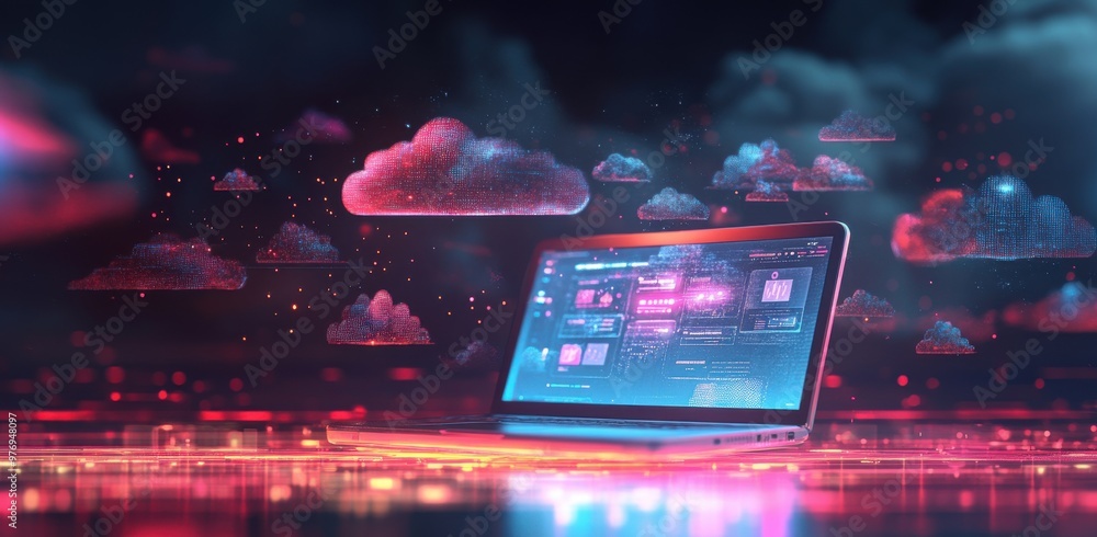 Poster a laptop is on a table with a colorful background of clouds and other elements. concept of technolog