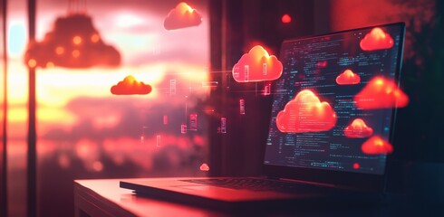 A laptop screen shows a computer program with a lot of red clouds. The clouds are scattered all over the screen and some of them are even floating in the air. The image has a futuristic