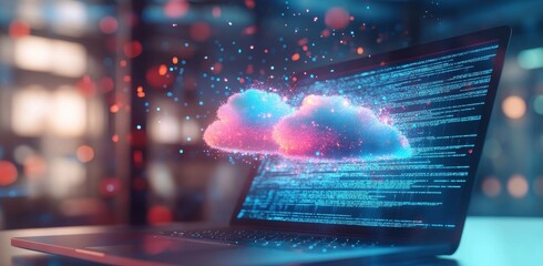 A laptop screen shows two clouds of code, one blue and one pink. Concept of creativity and innovation, as the two clouds of code seem to be floating and interacting with each other