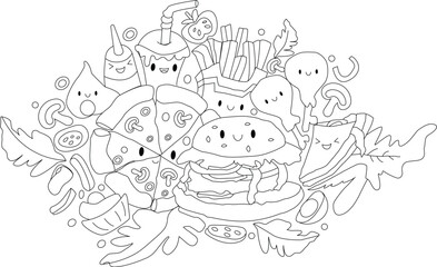 Kawaii hand drawn food coloring book illustration