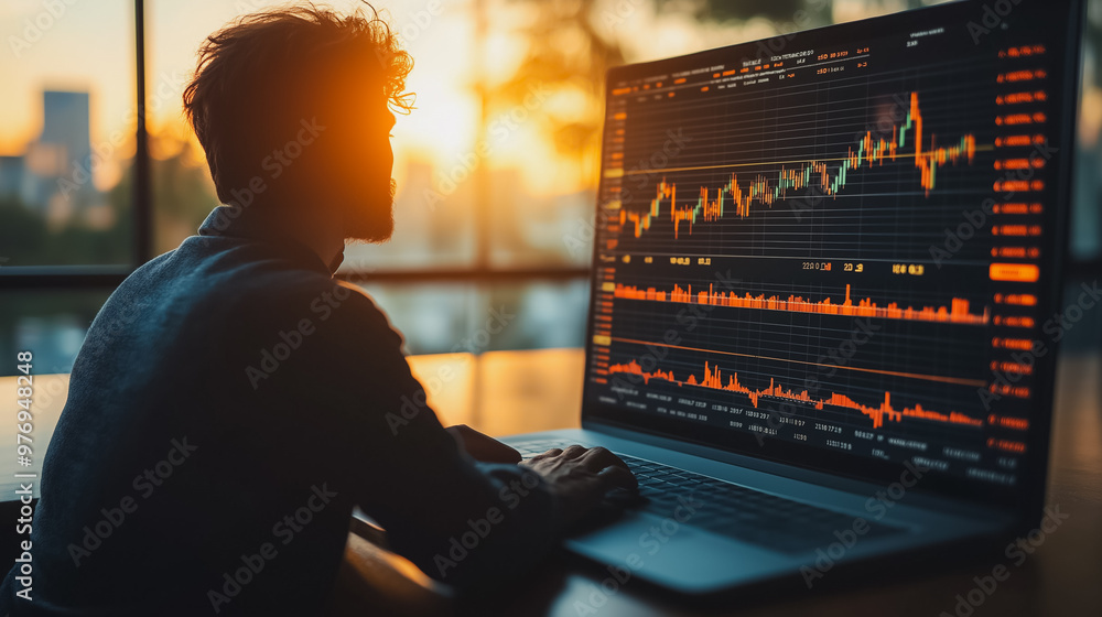 Poster a man is sitting at a desk with a laptop open in front of him. he is looking at the screen, which di
