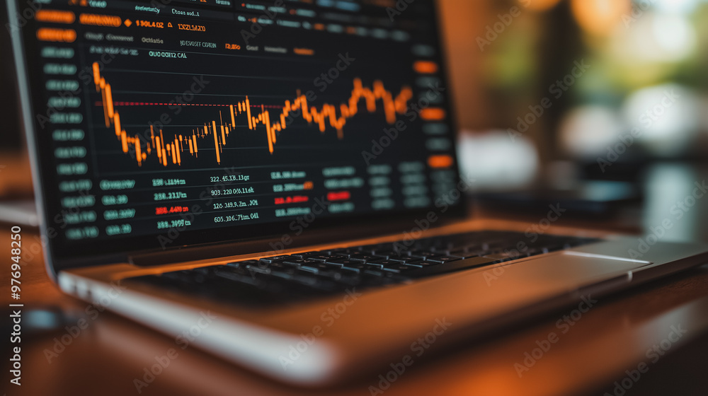 Poster a laptop displaying a graph of stock prices. the graph is orange and red, indicating a volatile mark