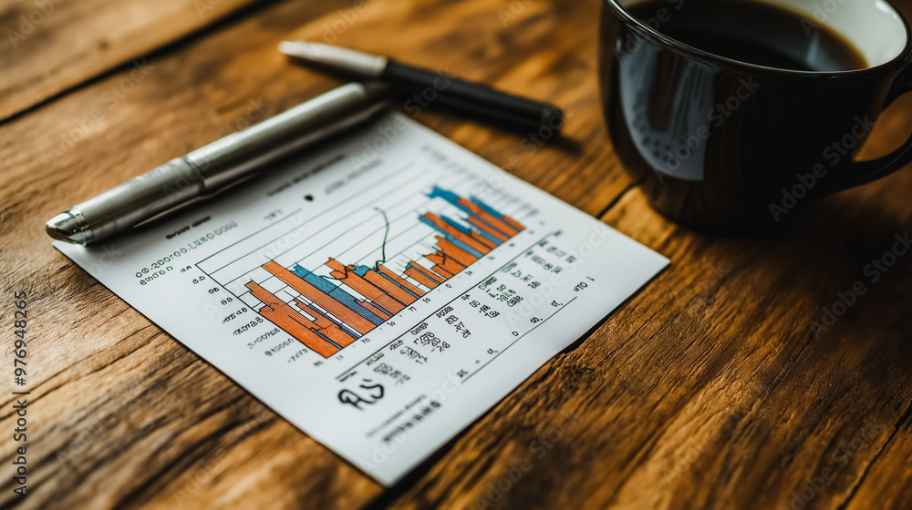 Poster a graph is on a table next to a pen and a cup of coffee. the graph is a chart of some sort, and the 