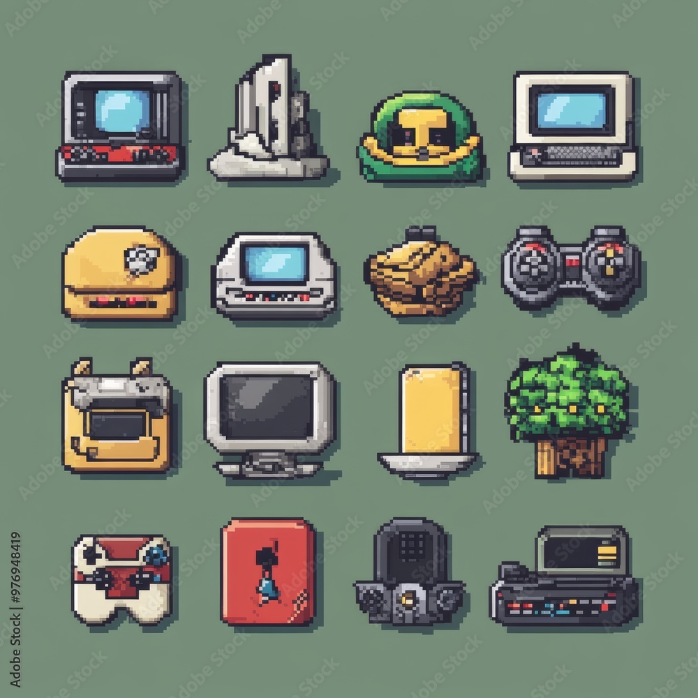 Poster pixel art retro gaming console set 8 bit video game icons