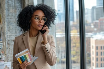 Fototapeta premium A woman in a business suit is talking on her cell phone while holding a stack of papers. Concept of professionalism and focus