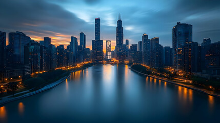 Fototapeta premium A panoramic view of a city skyline at dawn, with tall buildings reflected in the calm water of a river or lake. The sky is a mix of blue, orange, and purple hues.