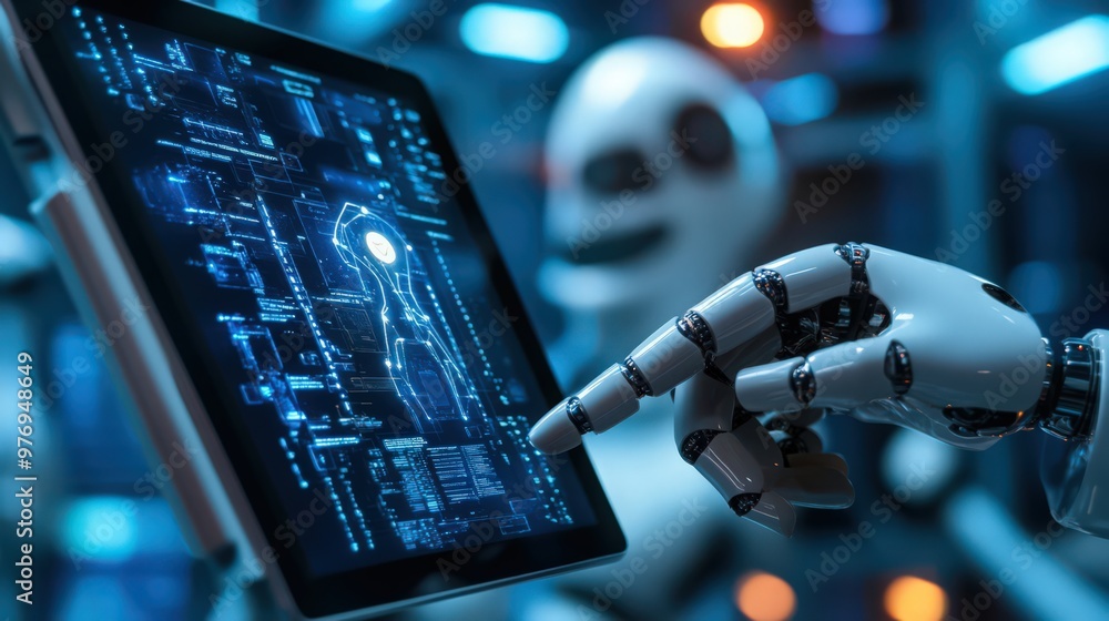 Poster a software engineer applies ai and digital technology with a digital tablet to manage big data, enha