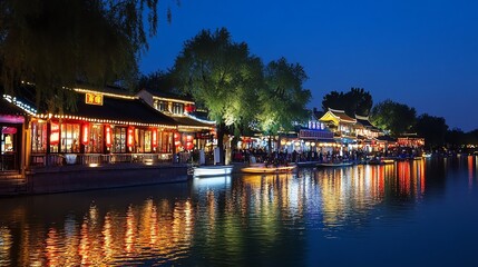 Fototapeta premium A canal at night in a Chinese city with lights reflecting in the water.