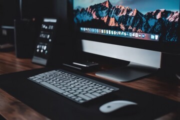 Naklejka premium A computer monitor with a mountain background and a keyboard and mouse on a desk. The desk is made of wood and has a black mat