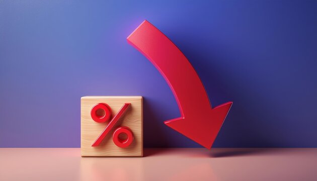 A wooden block with a percentage symbol and a descending red arrow on a vibrant background, representing finance and savings.