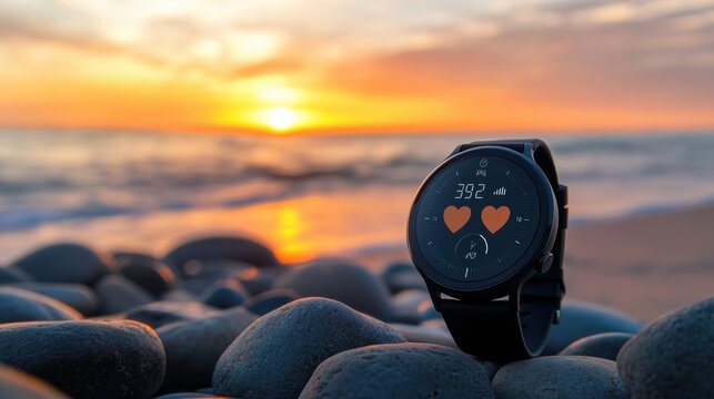 A watch with two hearts on the face is sitting on a beach. The watch is black and has a black band. The beach is rocky and has a beautiful sunset in the background