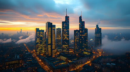 A panoramic view of a city skyline at dusk with skyscrapers and a cloudy sky.