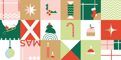 Merry Christmas  and Happy New Year geometric abstract ornamental elements. Christmas symbols. Modern Christmas geometric background. Bauhaus style