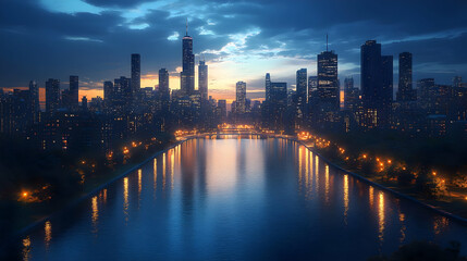 A panoramic view of a city skyline at dusk, with a long, narrow body of water in the foreground