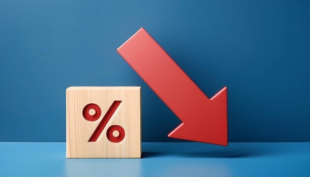 Concept of decreasing sales represented by a red arrow and percentage block on a blue background, illustrating financial decline.