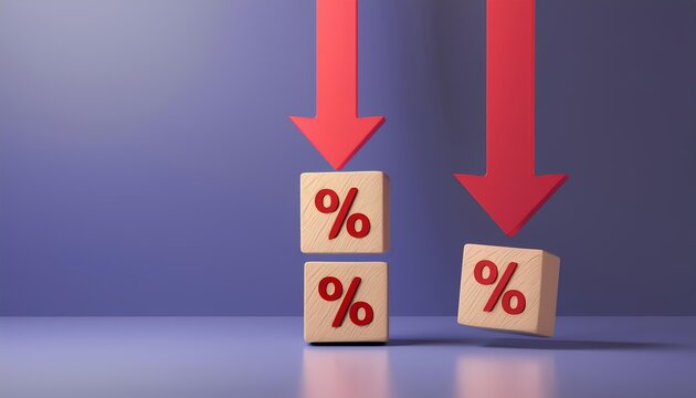 Conceptual image representing decreasing percentages with bold red arrows on a gradient background, symbolizing decline in value.