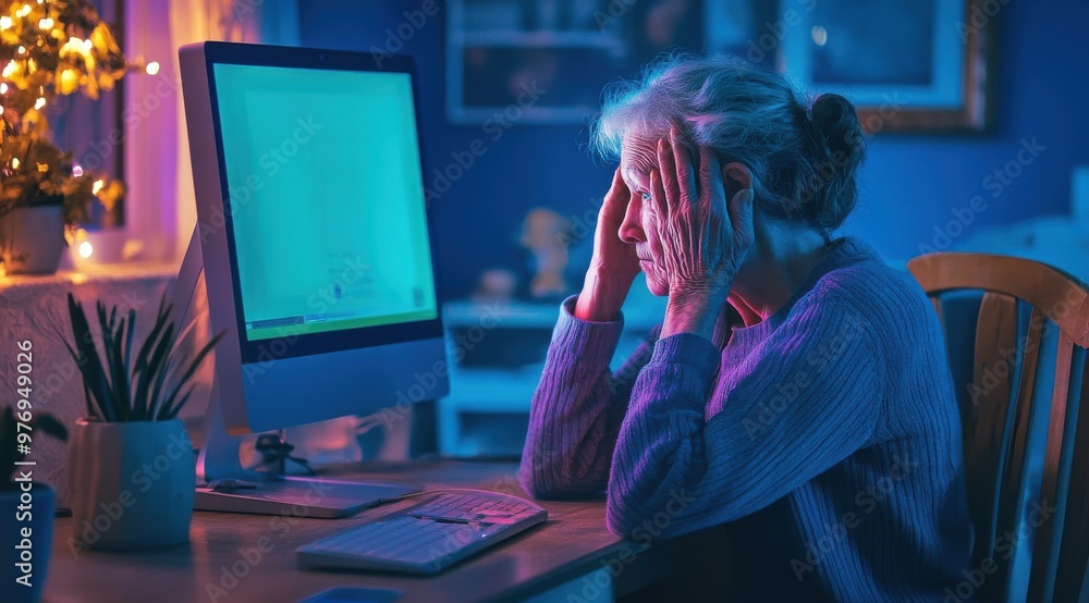 Poster an old woman is sitting at a computer desk with a computer monitor in front of her. she is wearing a