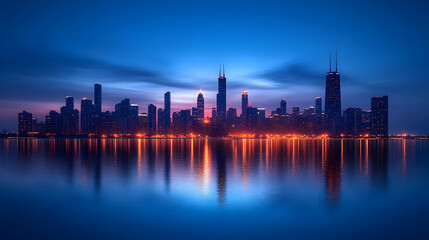 Fototapeta premium A panoramic view of a city skyline at dusk, with tall buildings reflecting in the water.