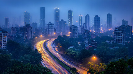 Obraz premium A panoramic view of a city skyline at dusk, with tall skyscrapers and a highway with light trails in the foreground.