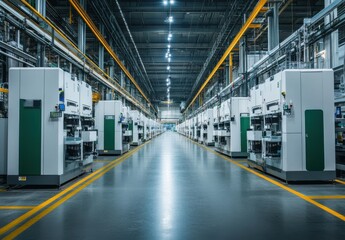 A large industrial building with many white and green machines. The space is very open and bright, giving off a sense of productivity and efficiency