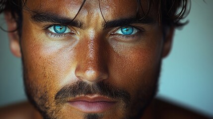 Intense Gaze: A man with piercing blue eyes stares directly at the camera, showcasing an alluring and enigmatic expression. His rugged features and confident gaze convey a sense of strength.