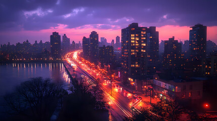 Obraz premium A panoramic view of a city skyline at dusk, with the lights of the buildings and streets reflecting in the water.