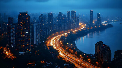 Obraz premium A panoramic view of a city skyline at night with a highway winding along the coast.