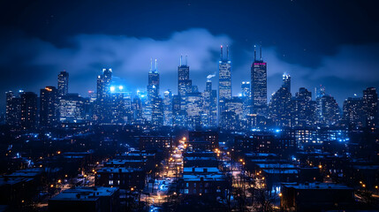 Obraz premium A panoramic view of a city skyline at night with bright lights and clouds.