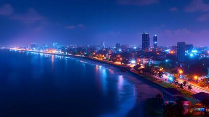 Fototapeta premium A panoramic view of a city skyline at night with buildings, street lights, and reflections in the water.