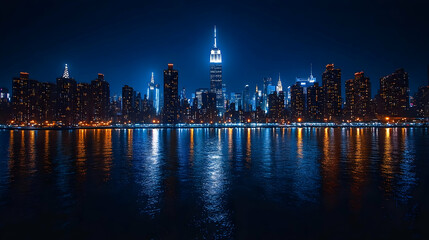 Fototapeta premium A panoramic view of a city skyline at night with skyscrapers reflecting in the water.