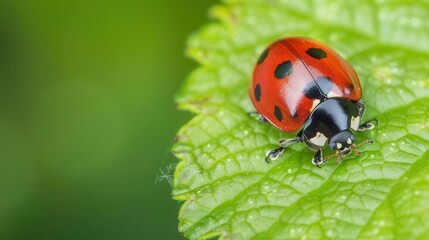 A vibrant ladybug resting on a green leaf, showcasing its distinctive red shell with black spots, perfect for nature-themed projects.