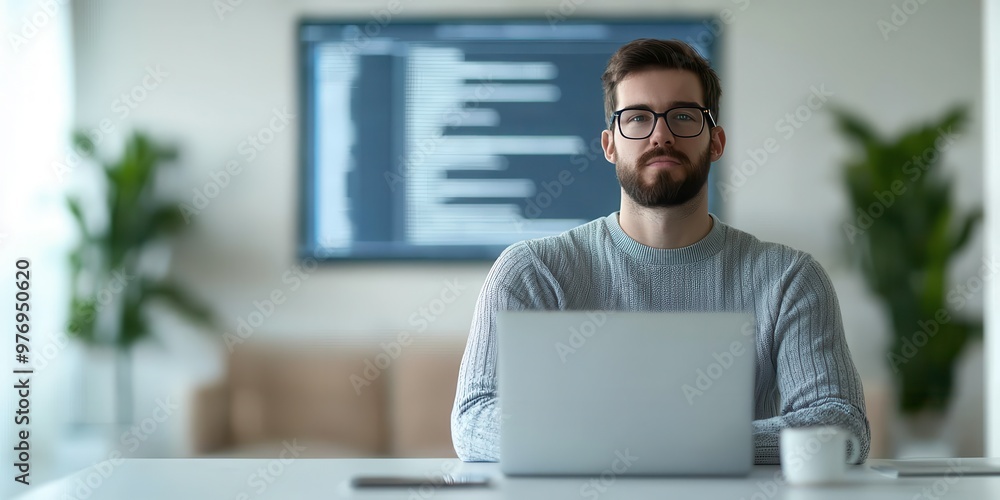Poster a focused man sits at a laptop in a modern workspace, surrounded by plants, with coding text visible