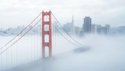 Obraz premium Iconic Suspension Bridge Shrouded in Fog, City Skyline. San Francisco, California, USA.