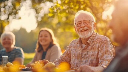 Elderly Friends Enjoying a Spring Outdoor BBQ with Natural Scenery