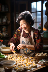 Comida familiar en casa. Estilo de vida de familia asiática. Preparando arroz y tallarines y pasteleria.