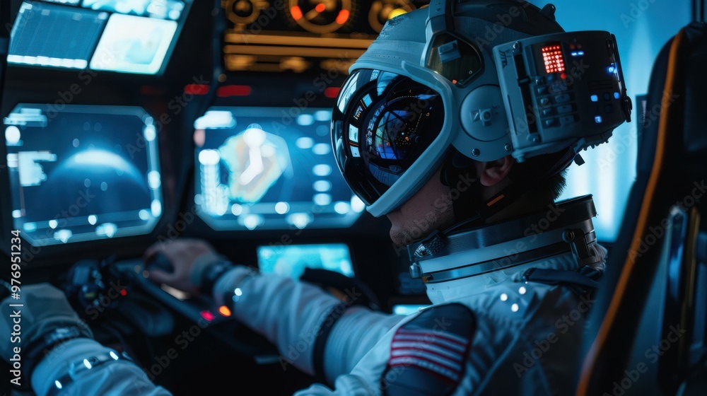 Poster a spaceman using advanced virtual reality equipment to simulate space missions and training exercise