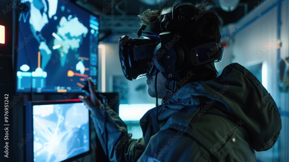 Poster a spaceman using advanced virtual reality equipment to simulate space missions and training exercise