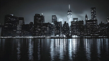 Obraz premium A panoramic view of a city skyline at night, with tall skyscrapers illuminated by lights, reflecting on the water.