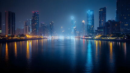 Obraz premium A panoramic view of a city skyline at night, with tall skyscrapers illuminated by colorful lights reflected in the water.