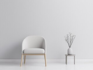 Fototapeta premium A minimalist interior featuring a white chair and a decorative vase against a textured light gray wall.
