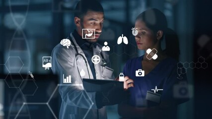 Healthcare, overlay and people with tablet in discussion for treatment, progress and patient records. Medical icon, doctor and nurse with tech in consultation for dna report, cardiology and diagnosis - Powered by Adobe