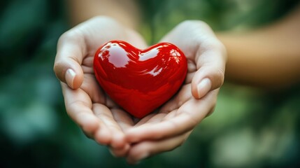 Fototapeta premium Hands holding a shiny red heart symbolizing love and care