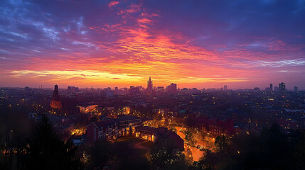 Naklejka premium A panoramic view of a city skyline at sunrise with a vibrant pink and orange sky.